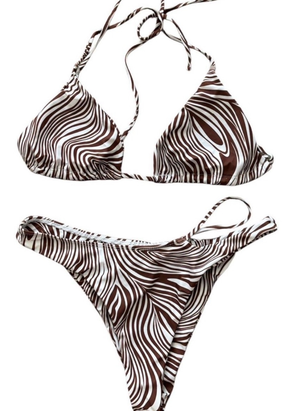 Brown and White Zebra-Print Triangle Bikini Set - Women Swim
